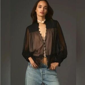 Anthropologie Leyared Tule Puff Sleeve Lace Blouse Size Small